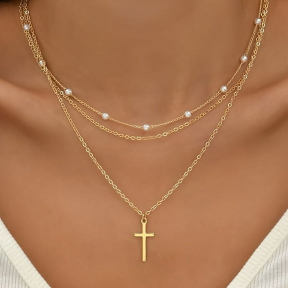 Layered Necklaces for Women Dainty Gold Necklace Pearl Cross Necklace Choker Trendy Jewelry Gifts for Her