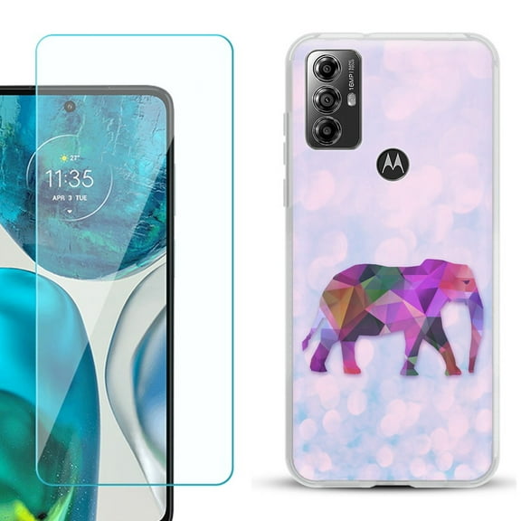 OneToughShield ® for Motorola Moto G Play 2023 Shockproof Fashion Phone Case, with Tempered Glass Screen Protector - Elephant /Polygon