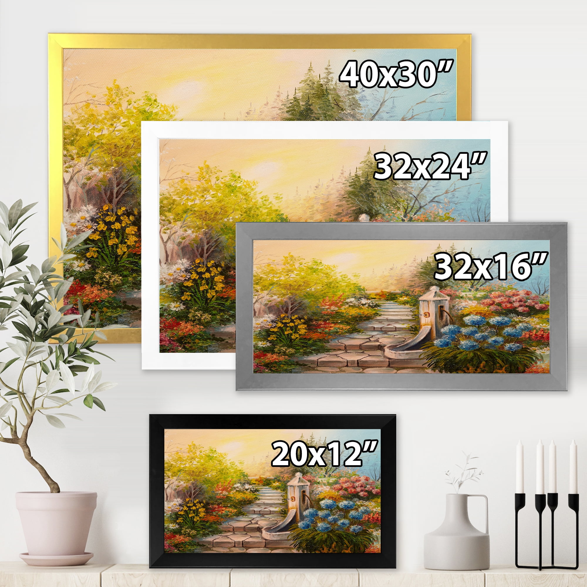 Designart 'Stone Stairs In The Blossoming Flowers Forest' Traditional Framed Art Print