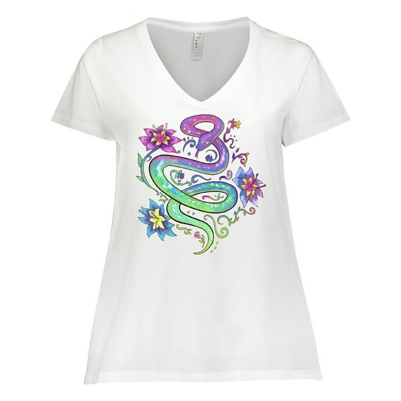 Inktastic Magical Colorful Snake with Flowers Women's Plus Size V-Neck T-Shirt