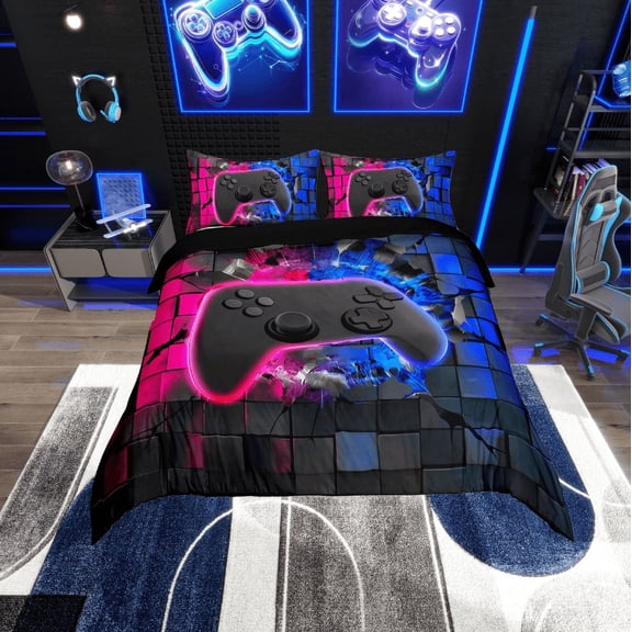 Erosebridal Video Game Comforter Cover Twin,Geometric Plaid Bedding Twin Size,Gradient Gamepads Duvet Cover Twin,Lightweight Buffalo Room Decorative,Reversible,3pcs(No Comforter)
