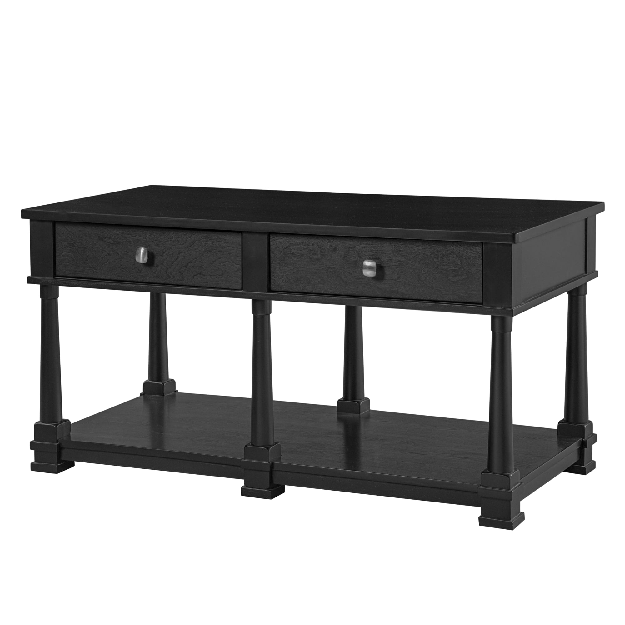 Leumius Farmhouse Coffee Table with 2 Storage Drawers & Lower Open Shelf, Rectangular Cocktail Table with Solid Wood Legs for Living Room Black