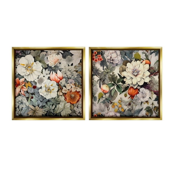 Stupell Industries Vintage Blooms Arrangement Botanical & Floral Painting Gold Floater Framed Canvas Art Print Wall Art, 18 x 18, Set of 2