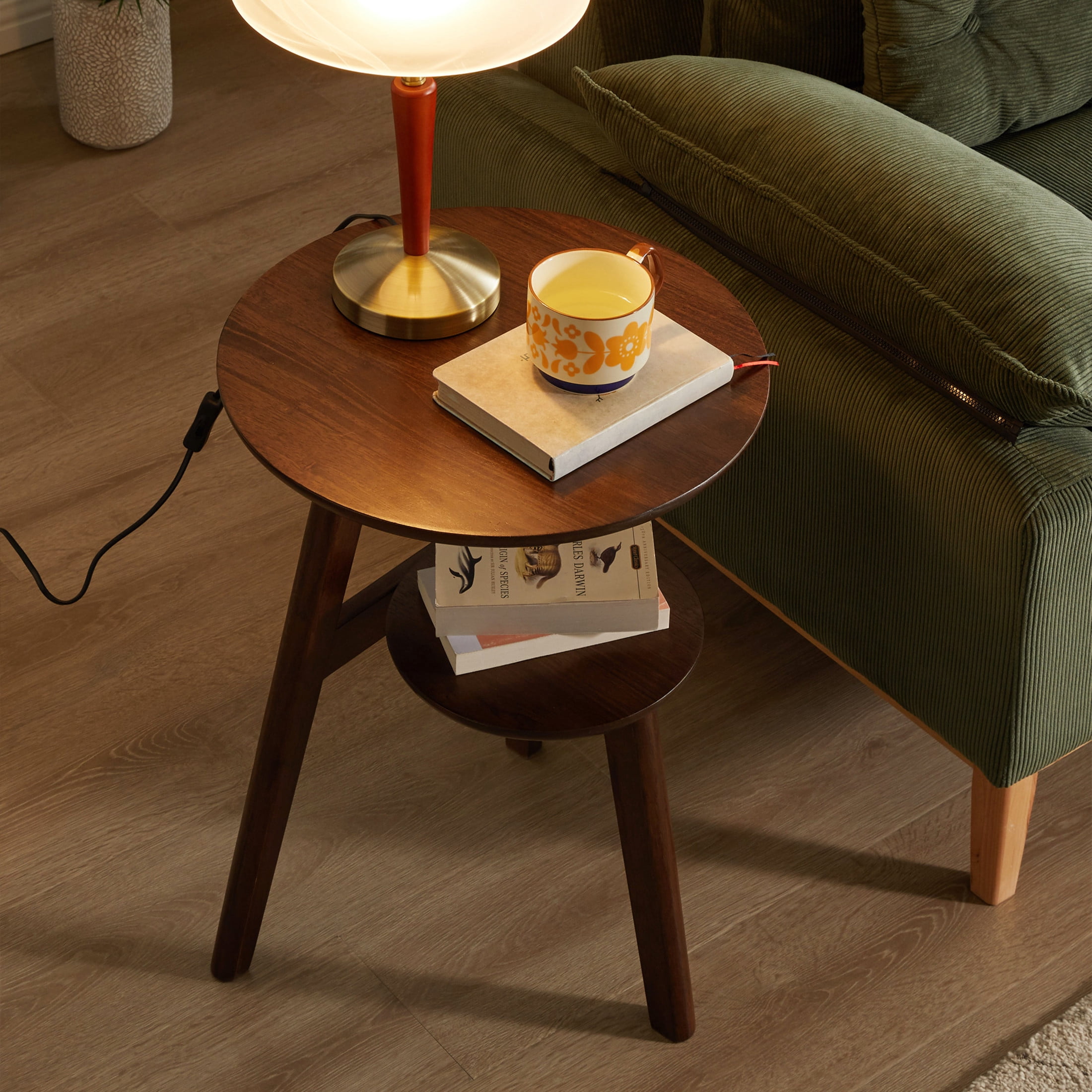 Noble House Round End Table with 2-Tier Storage Shelf, Small Side Table for Living Room or Bedroom, Walnut