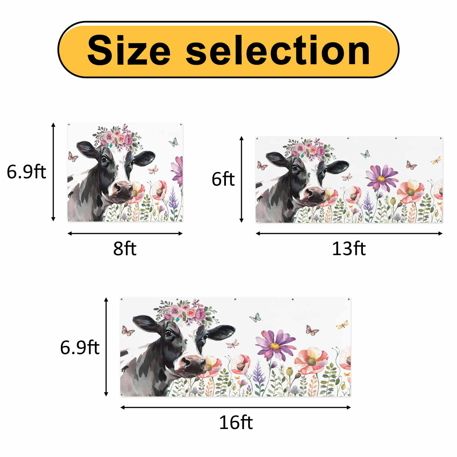 Cow Flower Garage Door Cover Banner 7 x 16 FT, Farmhouse Cattle Botanical Butterfly Floral Garage Door Curtains Backdrop with Grommets for Indoor Outdoor Wall Party Porch Yard Decorations Background