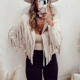 thumbnail image 4 of Veste Courte en Faux Suède à Col Ouvert et Franges pour Femmes (L, Beige), 4 of 5