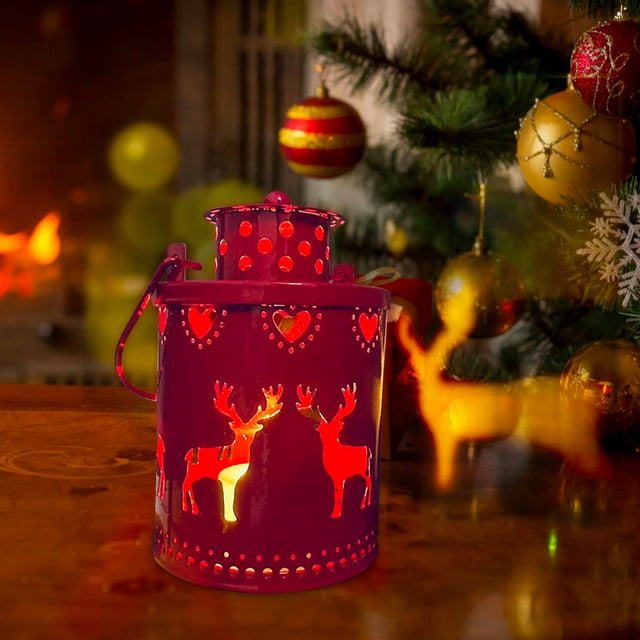 Decoración de vela LED con linterna de Navidad | Linterna pequeña de metal 8.3x8cm | Acento festivo para mesa, luces parpadeantes, funciona con baterías, regalo de Navidad, decoración navideña para