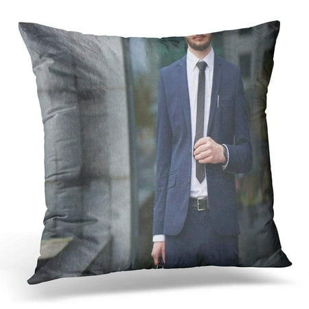 CMFUN White Banker The Guy in Suit Straightens His Tie Against Building with Glass Facade Blurry Pillow Case Pillow Cover 18x18 inch
