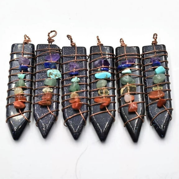 K-KED 6pcs Natural Blue Sand Stone 7 Chakra Pendants Sword Reiki Healing Amulet