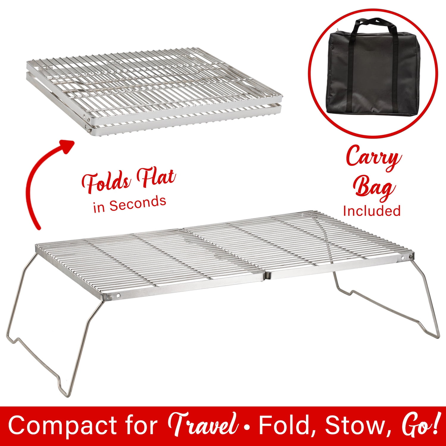 Brentwood 25-In. x 17-In. Heavy-Duty Stainless Steel Portable Folding Campfire Grill with Carry Bag, BB-17X25SS, BB-17X25SS