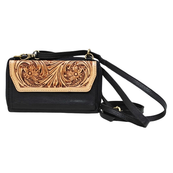 Women's Western Floral Tooled Pebbled Leather Phone Wallet Crossbody Bag 18RSH21
