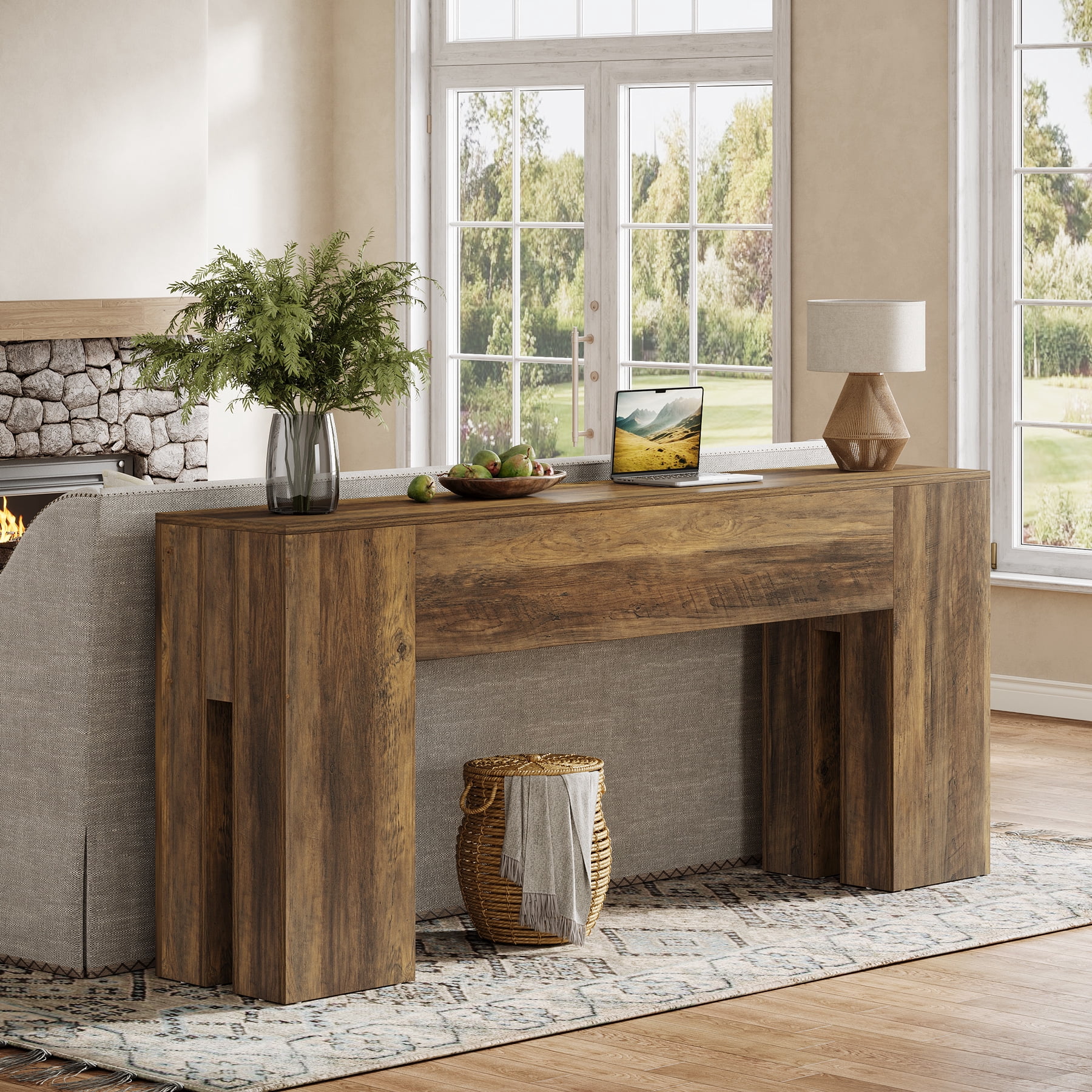 Finmind 71-Inch Long Console Table for Entryway, Farmhouse Sofa Console Behind Couch, Entry Table for Hallway, Foyer, Living Room, Rustic Brown