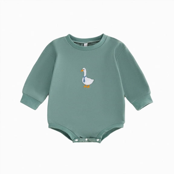 Nwiuh Baby Boy Fall Clothes Duck Embroidery Bubble Romper Round Neck Long Sleeve Jumpsuit Newborn Winter Outfits (Green, 6-12 Months)