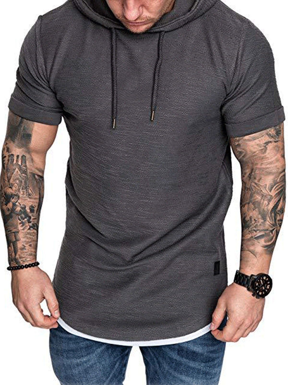 Men's Slim Fit Hoodie Hooded Short Sleeve Tee Tshirt Casual Tops