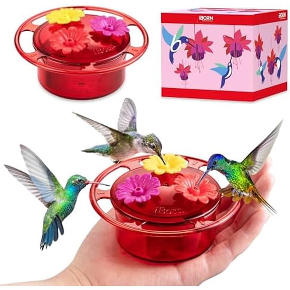 Handheld Hummingbird Feeders for Outdoors, Hummingbird Hand Feeder 3OZ Mini Bird Feeders for Outdoors, 3 Bee Guard Feeding Ports, Silicone Flower, Red (Set of 2)