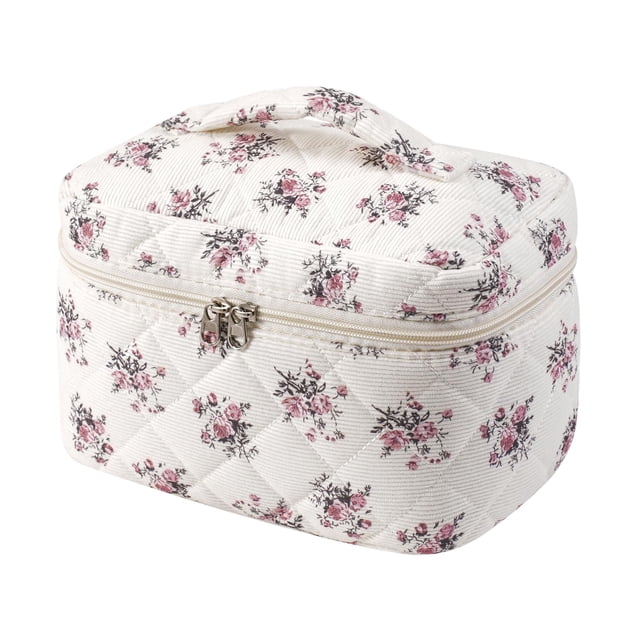 Bolsa de maquillaje RSRSLEII acolchada de pana grande para mujer, rosa