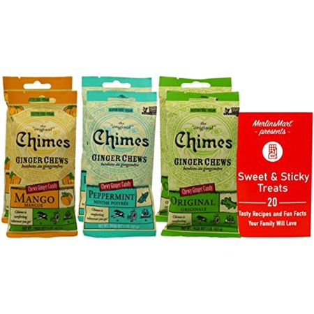 Chimes Gluten Free Ginger Chews 3 Flavor 6 Bag Variety - (2) Each: Mango, Peppermint, Original (1.5 Ounces) - Plus Recipe Booklet Bundle