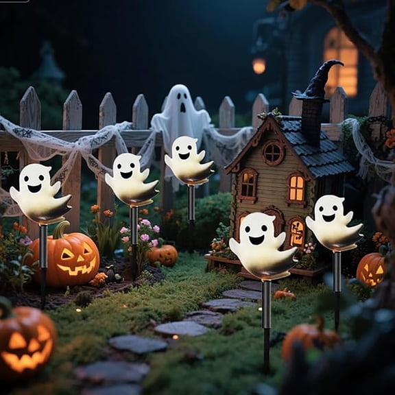 Taotanxi Solar Halloween Ghost Pathway Lights, 5 Pack 3D Lighted Outdoor Stake Decorations, Waterproof LED Yard and Garden Lights for Halloween Pathway, Lawn, Patio, and Holiday Decor (Cool White)