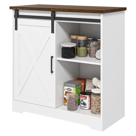 Farmhouse Coffee Bar Cabinet, 33" Buffet Sideboard with Sliding Barn Door and Adjustable Shelf, Kitchen Buffet Cabinet, White