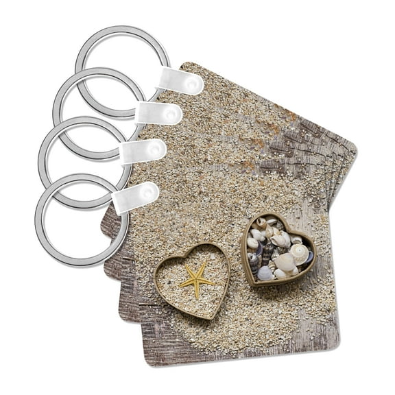 3dRose, Two little heart shaped boxes filled with sea shells and starfish, set of 4 Key Chains