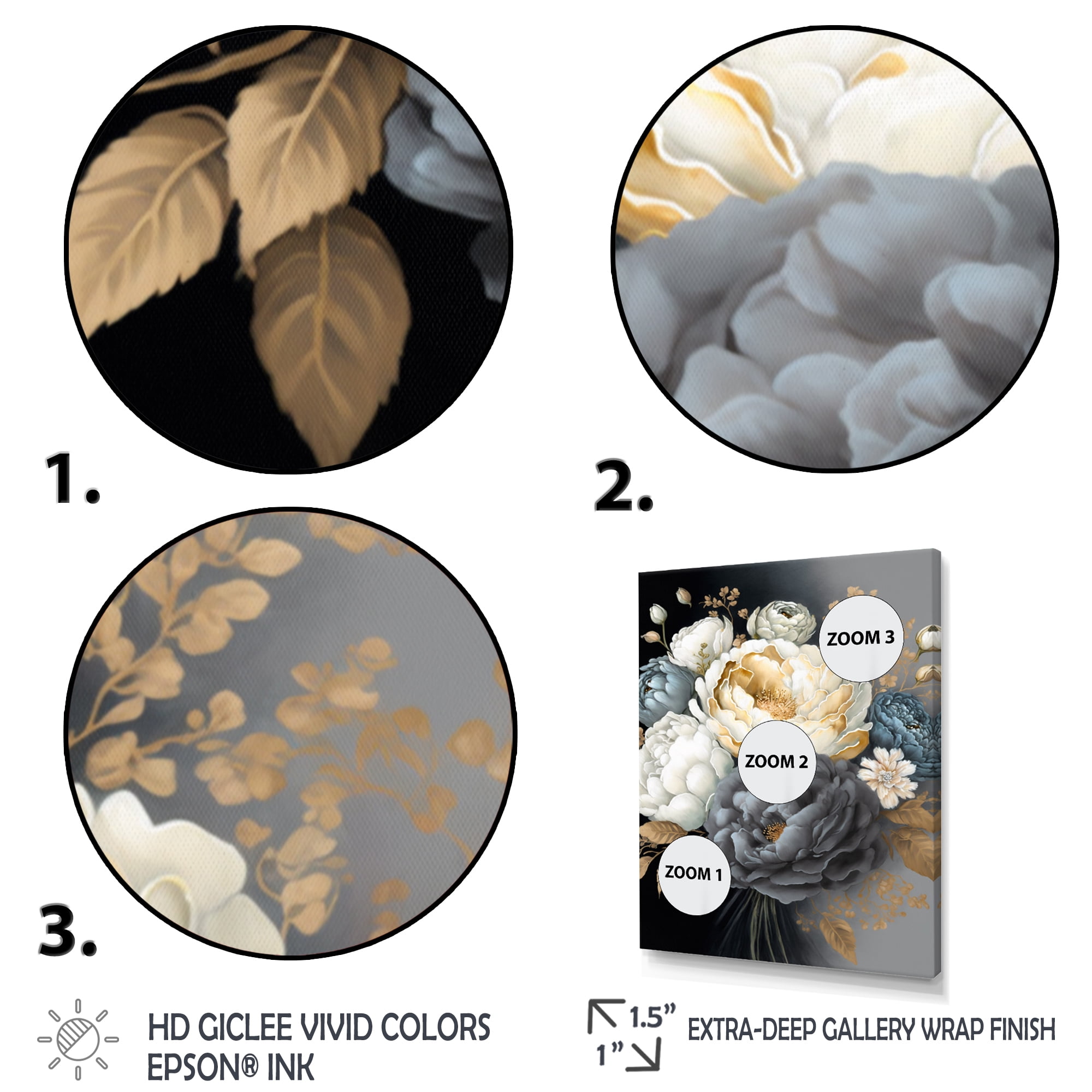 Designart White, Blue And Grey Peony Bouquet I Canvas Wall Art