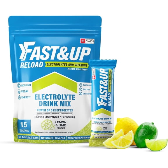 Fast&Up Reload Lemon Lime Electrolyte Drink Mix Hydration Powder with 1500 mg Electrolytes & Vitamins C B12, 15 Servings