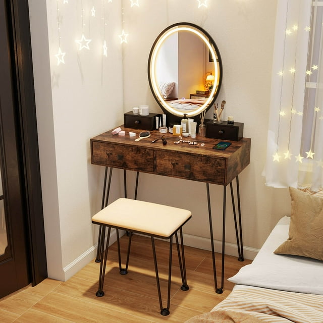 Costway Coiffeuse Industrielle Table de Maquillage Tabouret Rembourré Ensemble Miroir Éclairé 3 Couleurs
