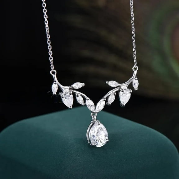 Wedding Pendant Teardrop Cut Diamond Marquise Leaf Twig Pear Drop Necklace- 925 Sterling Silver- Nature Inspired Branch Vine Chain Necklace Women