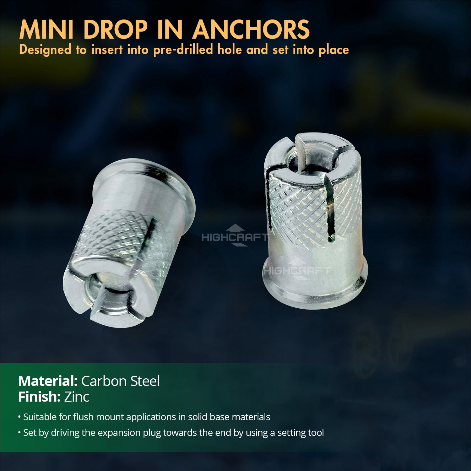 Highcraft 1/2” Mini Drop-In Anchors, Zinc Plated Steel, Knurled, 50 Pk