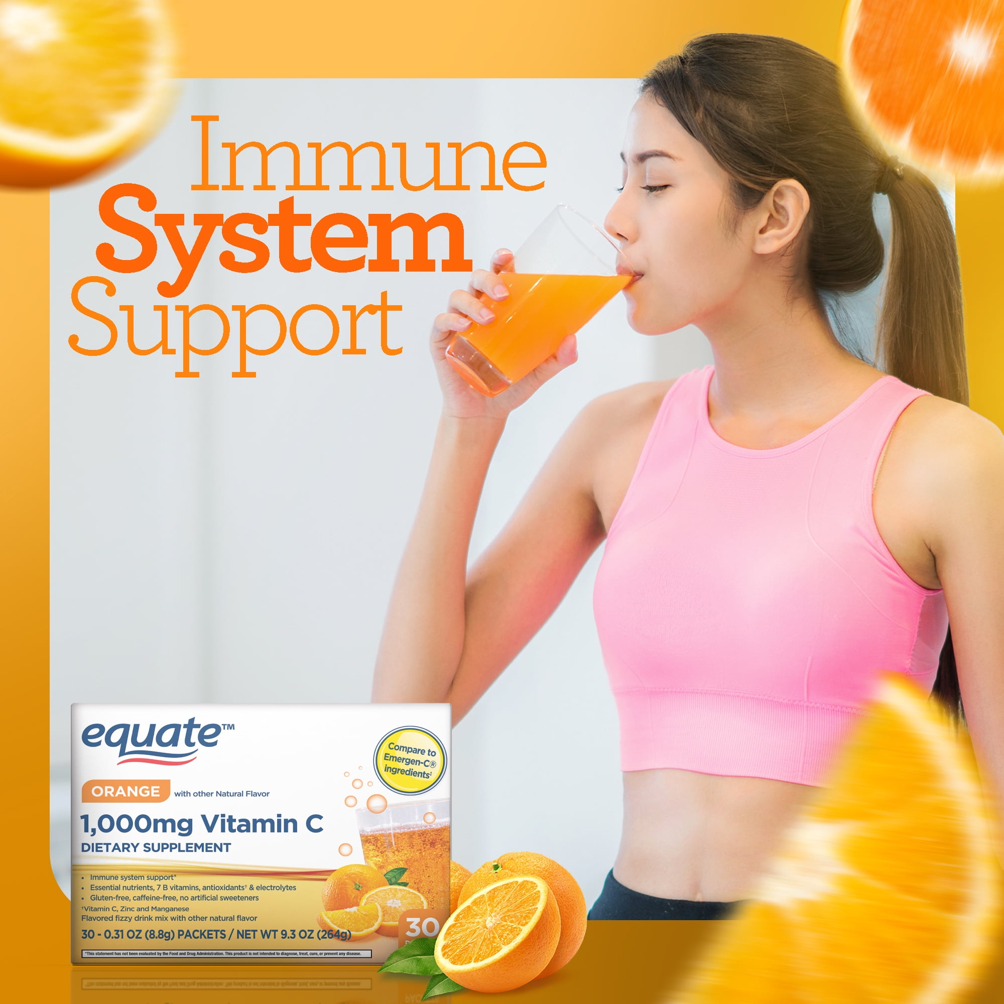 (3 pack) Equate 1000mg Vitamin C Powder Supplement for Immune Support Drink Mix, Orange - 30ct, Compare to Emergen-C® Ingredients