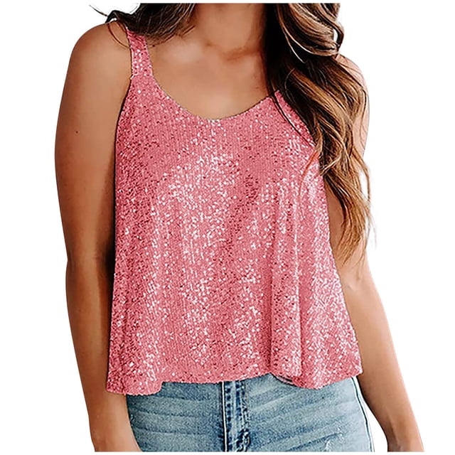 Besolor Hauts à Paillettes Mode Été pour Femmes Col Rond Sans Manches Scintillant Soirée Chemisiers Chemise