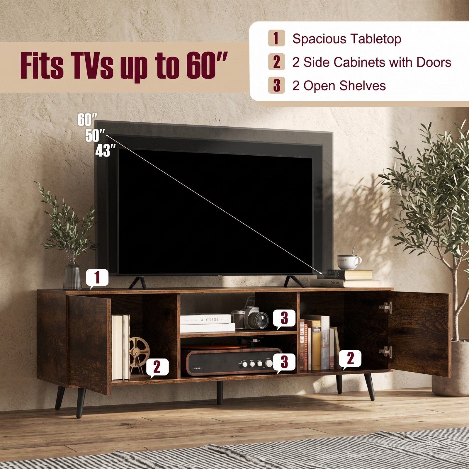 Furnibear TV Stand for 60 Inch TVs with 2 AC Power Outlets, USB-A & USB-C Charging Ports, 3-Position Adjustable Shelf, Media Console Entertainment Center, Rustic Brown