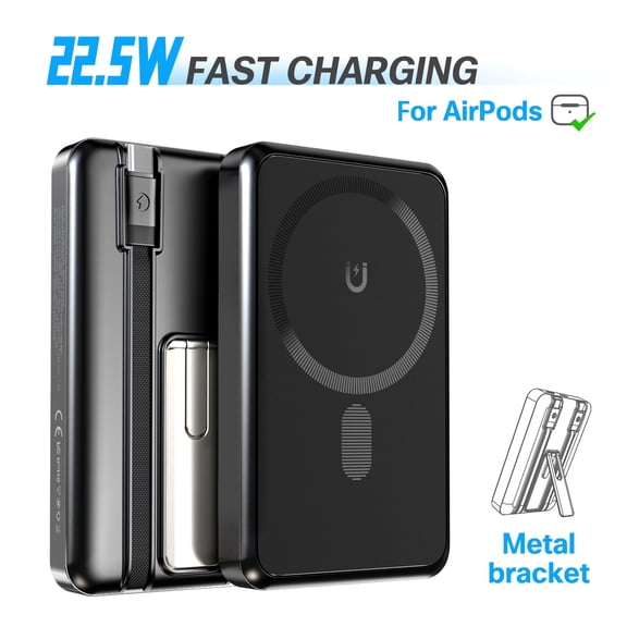 Magnetic Wireless Power Bank 10000mAh Portable Charger, 22.5W Fast Charging Battery Pack with Type-C & Mobile Phone Charging Cables, for iPhone 12-17, Black