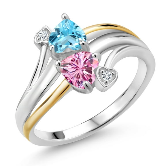 Gem Stone King 925 Silver and 10K Yellow Gold Lab Grown Diamond Ring Topaz and Pink Moissanite (1.07 Cttw, Size 9)