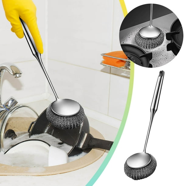 Potente cepillo de acero inoxidable, cepillo de bola larga, ideal para cocina, no daña sartenes, duradero, fácil de limpiar, para cocinas modernas, para uso doméstico, metal resistente,