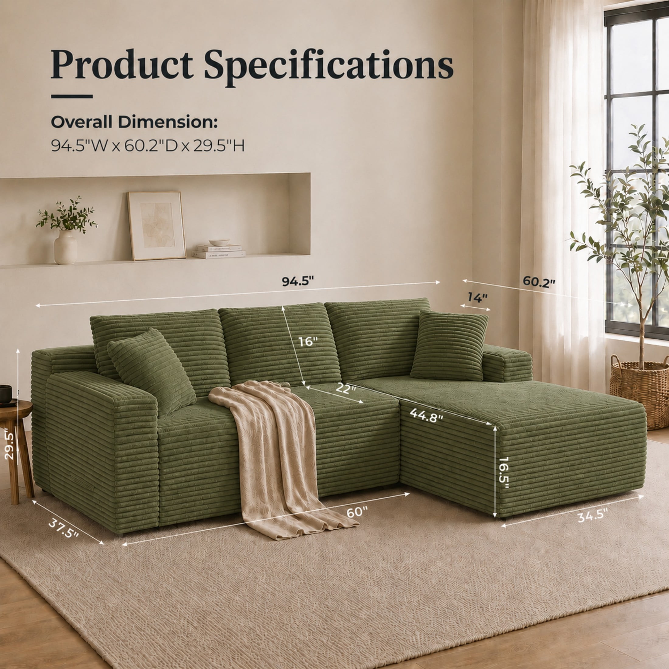 Aenkyo 106 Inch Corduroy L-Shaped Cloud Sectional Sofa with Reversible Chaise, Green