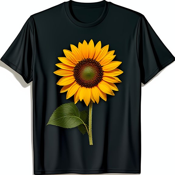 Minimalist Black T-Shirt with Striking Sunflower Design and Green Foliage