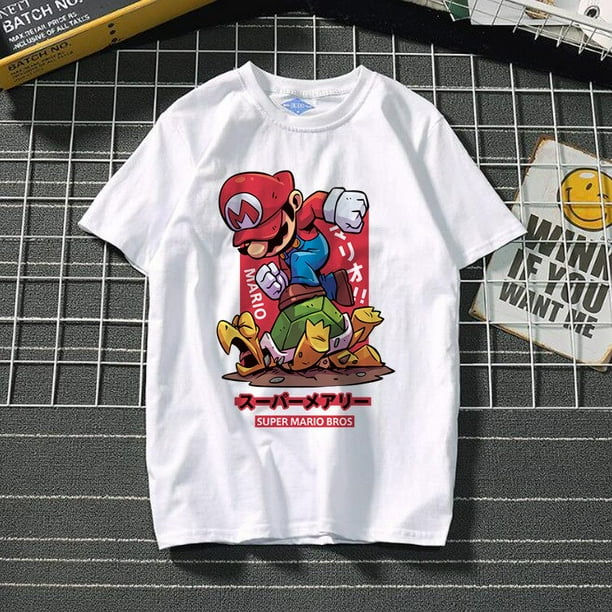 Camiseta de cuello redondo de manga corta informal de verano para hombres y mujeres con estampado de dibujos animados de Super Mario Bros poliéster tamaño adulto zhangmengya LED