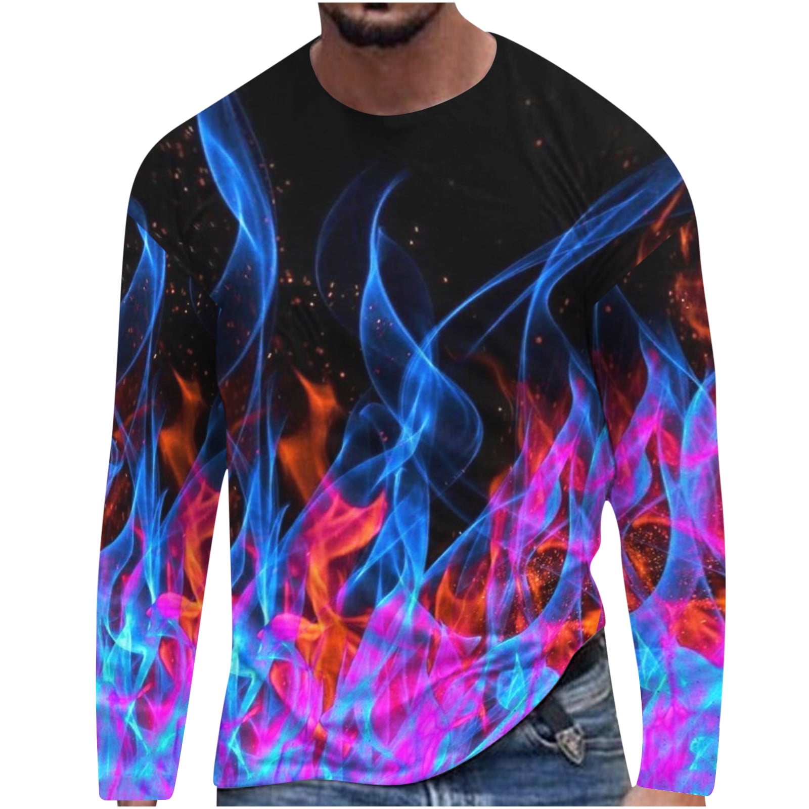 YYDGH Mens Plus Size Crewneck Shirt Casual Long Sleeve 3D Printed Flame Slim Fit T Shirt Outdoor Sports Tops Blouses 1 Black XL