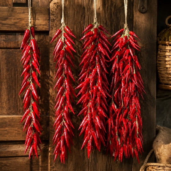 4 Strings Artificial Red Chili Pepper Decor, 23.62 Inch Fake Chili Ristra with 30 Peppers Each for Kitchen Mexican Southwest Farmhouse Wall Hanging Decor