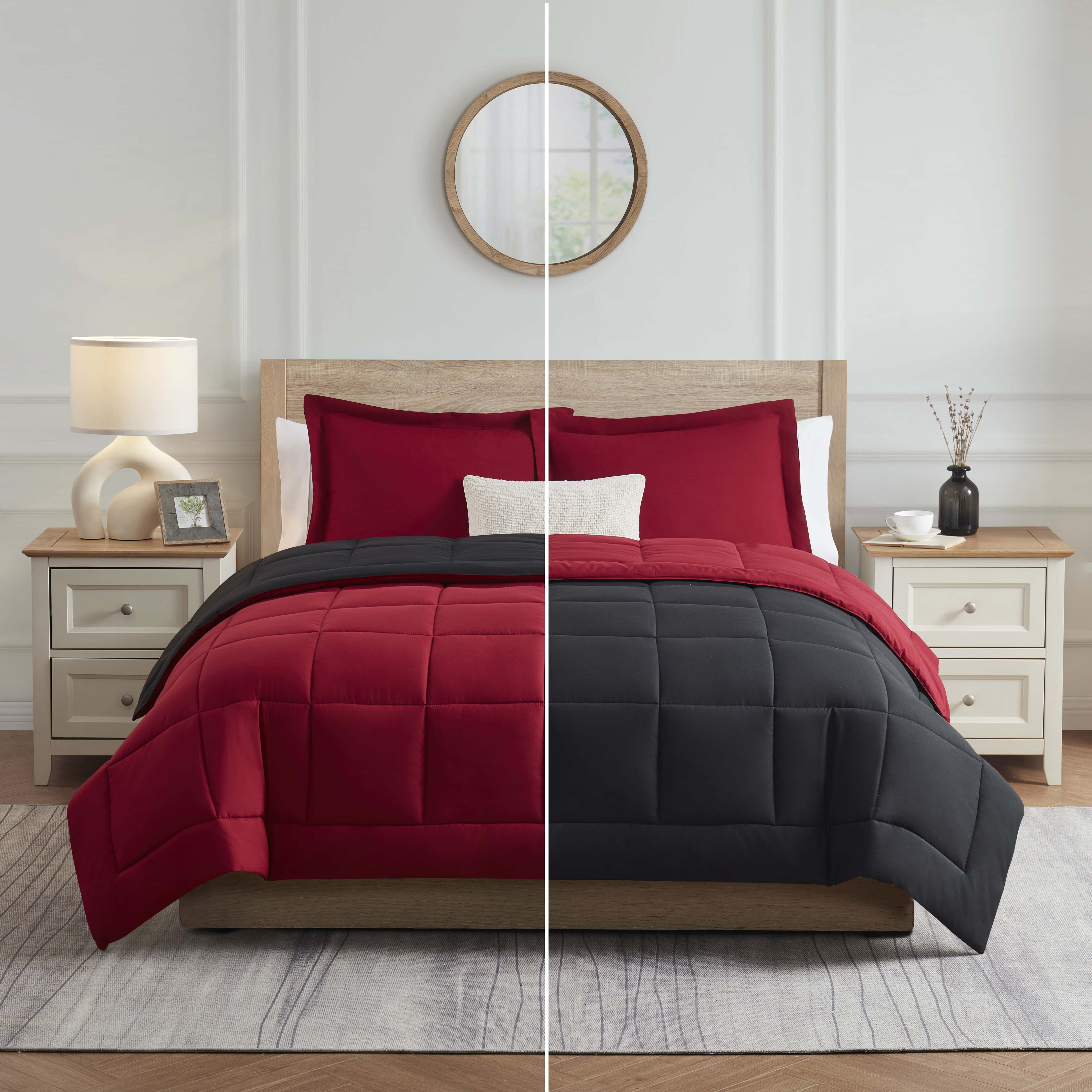 LammaLoe 3-Piece Full Size Comforter Sets, Reversible Bed in a Bag, Burgundy/Black, Quilted Bedding Comforter Set