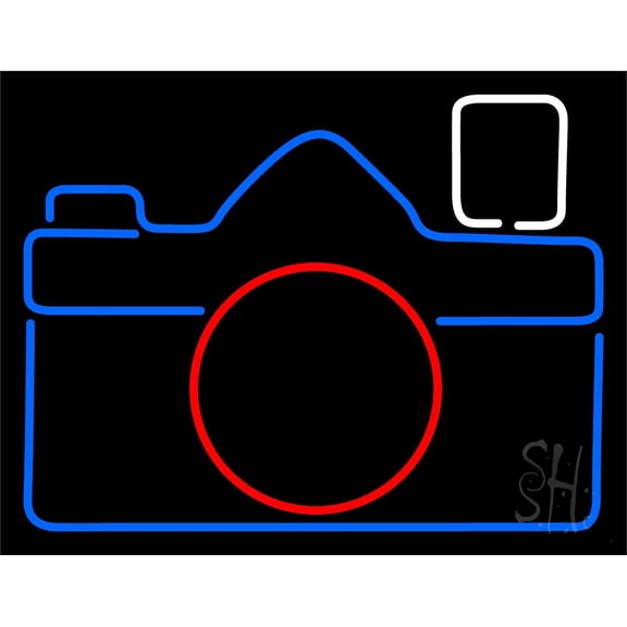 Blue Camera LED Neon Sign 15 x 19 - inches, Clear Edge Cut Acrylic Backing, with Dimmer - Bright and Premium built indoor LED Neon Sign for Computer & Electronics store decor.