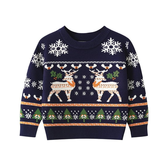 TFEOQRY Toddler Girls and Boys Christmas Sweater Pullover Christmas Deer Jacquard Long Sleeve Round-Neck Knit Sweater Navy