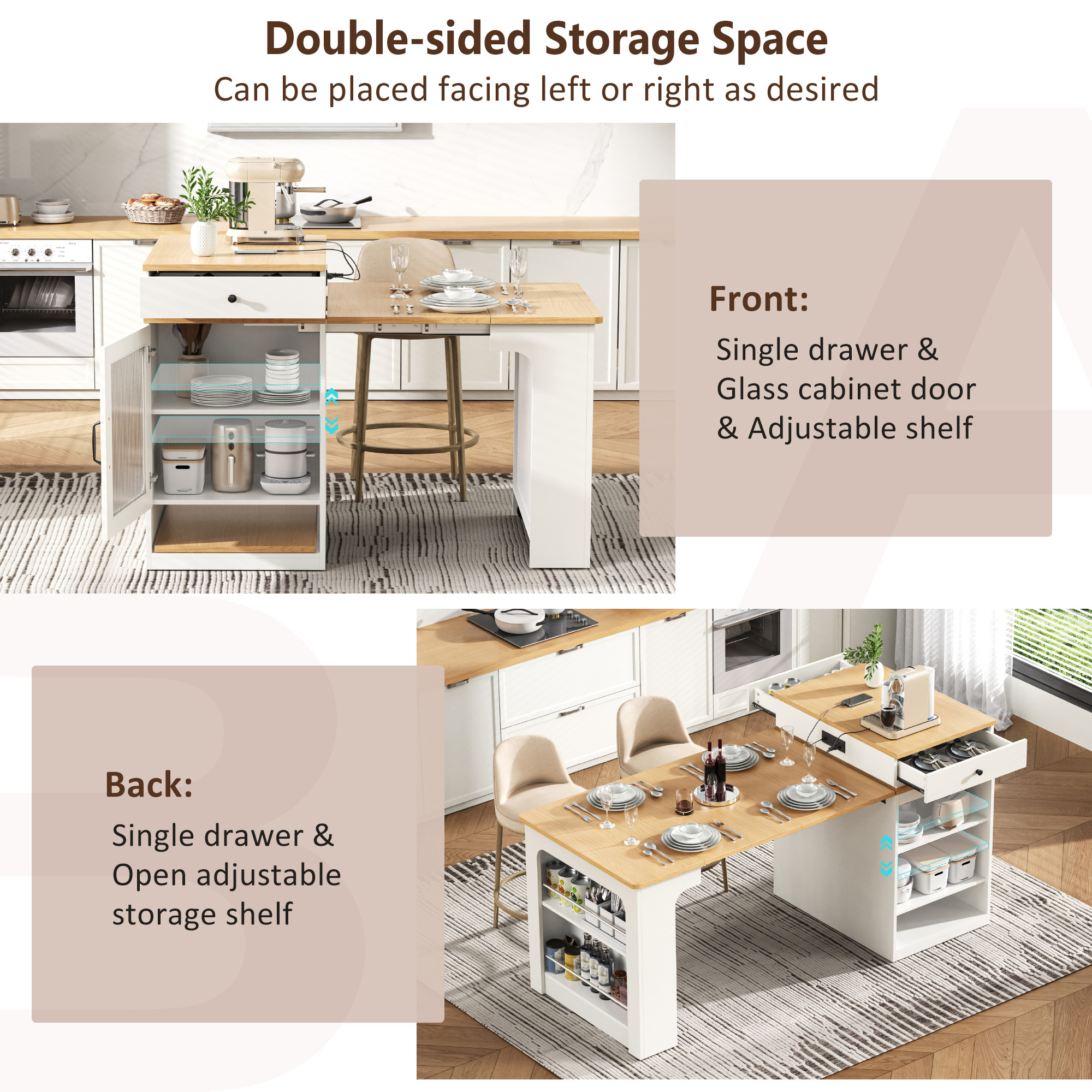 MODERNLUXE 59.5" Kitchen Island with Extendable Dining Table,Large Mobile Kitchen Storage Table with Double-sided Storage,2 Drawers, Open Shelves & Power Outlet,Rolling Islands Cart for Dining Room