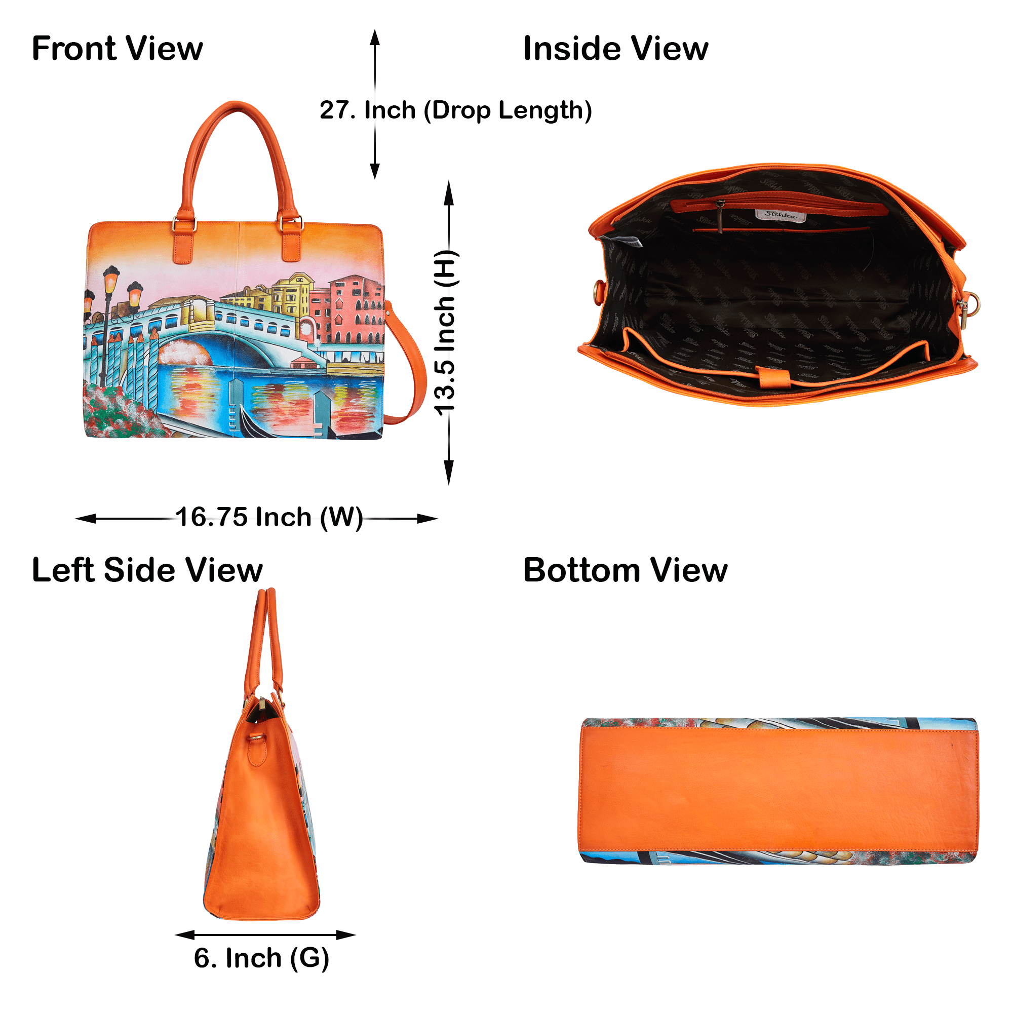Sishka Womens Venice Cityscape Hand-Painted Leather Ladies Bags – Elegant Orange Business Briefcase, Stylish Laptop Shoulder Bag