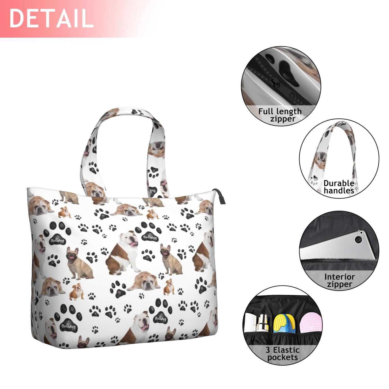 Bulldog Dog and Footprints Travel Tote Bags for Women Carry On,Large Weekender Bags for Women Travel,Multi Functional Duffle Bag for Work,Shopping,Sports