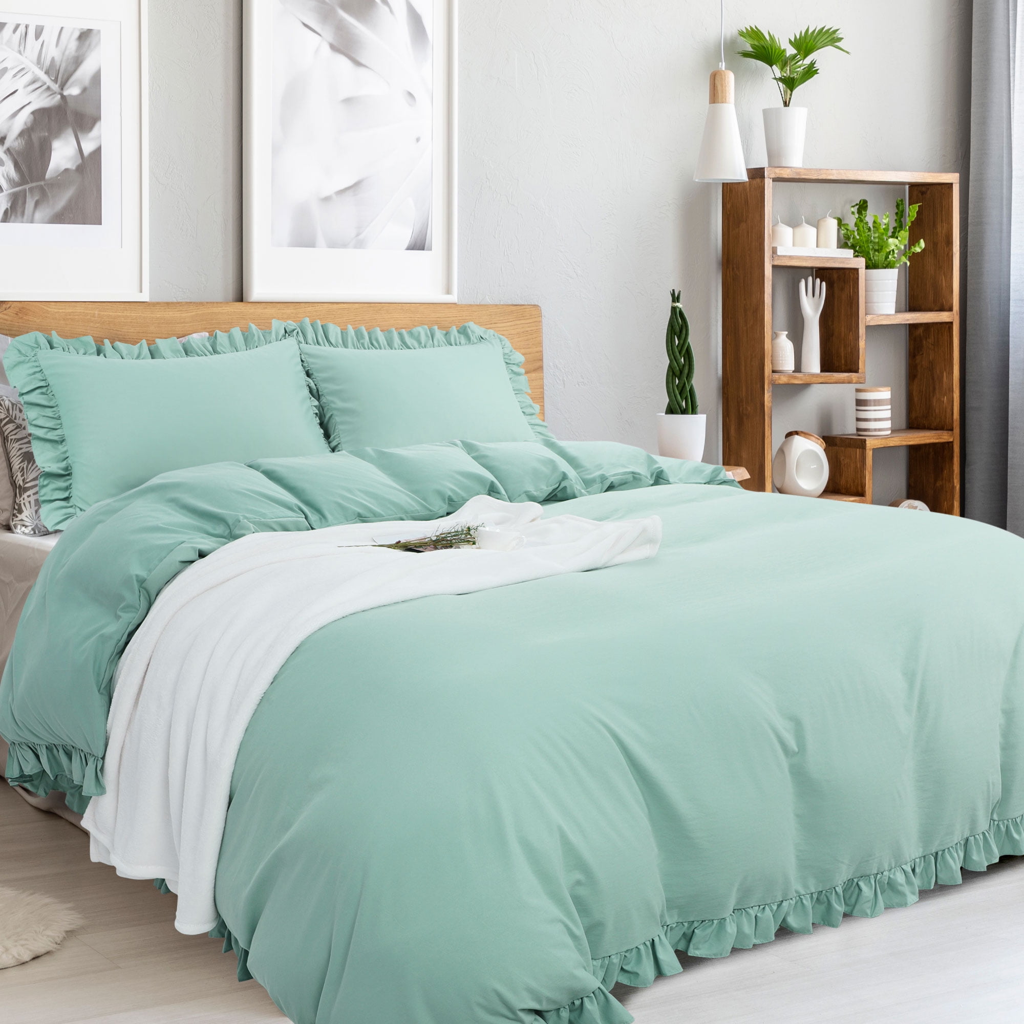 Unique Bargains 110GSM 3 Pieces Ruffle Brushed Duvet Cover Sets Queen Sage Green