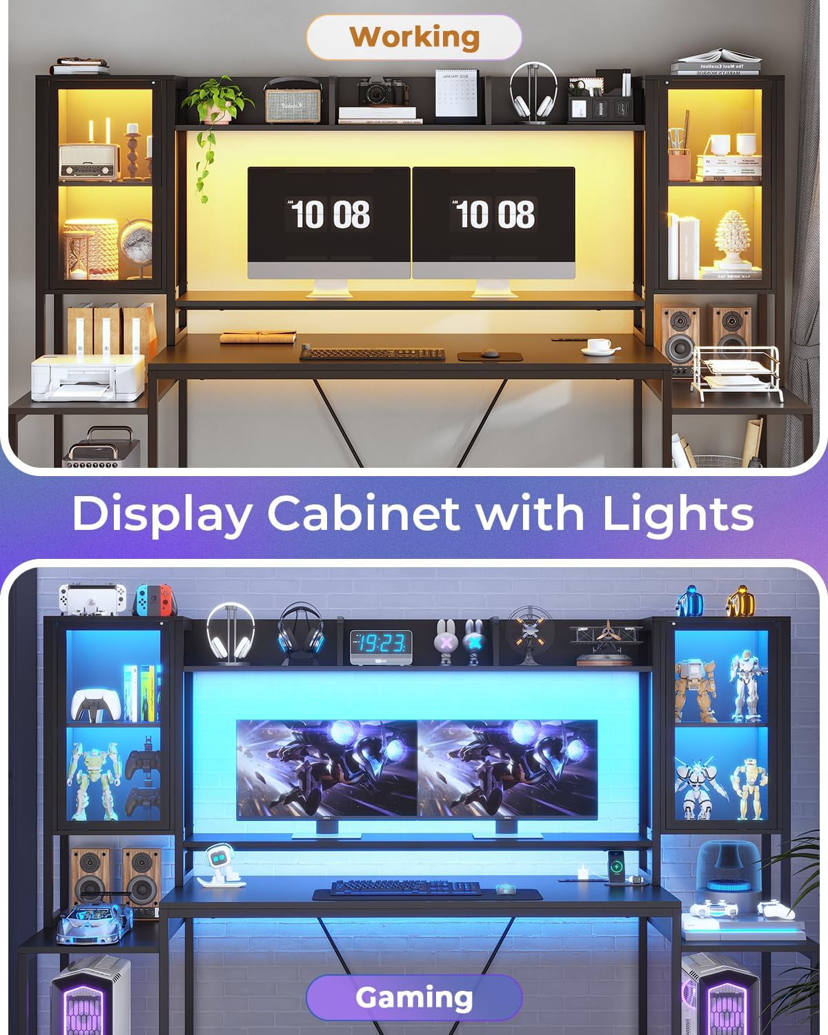 74.8" Gaming Desk with LED Lights, Hutch and Storage Shelves, Ergonomic Computer Desk with Monitor Stand, Large PC Gamer Desk Workstation for Bedroom, Living Room, Black