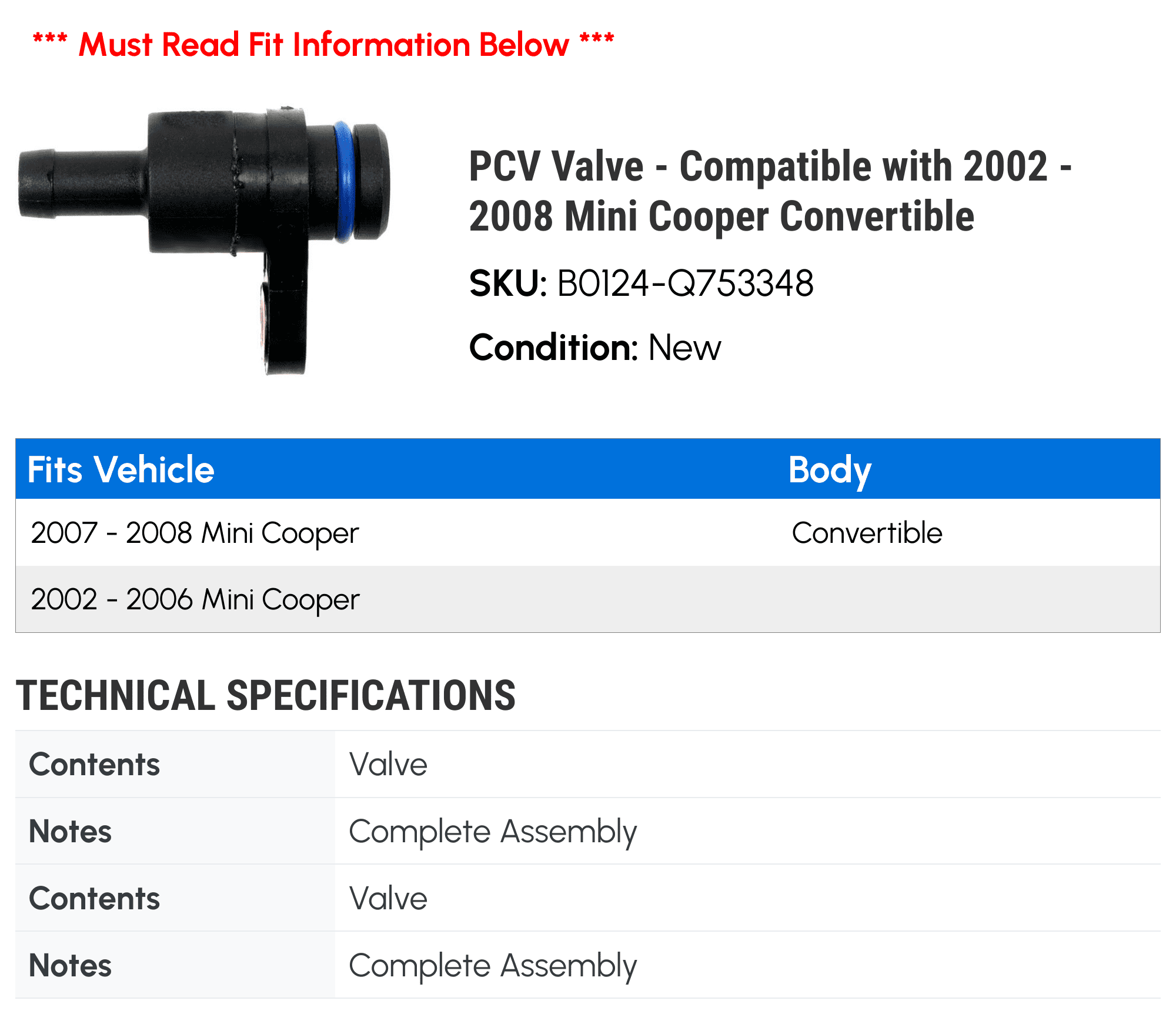 PCV Valve - Compatible with 2002 - 2008 Mini Cooper Convertible 2003 2004 2005 2006 2007