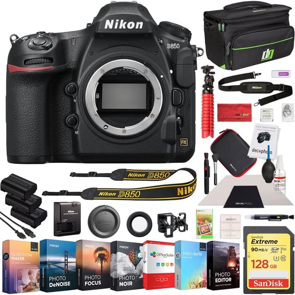 Nikon D850 45.7MP Full-Frame FX-Format Digital SLR Camera Body Bundle with 128GB Memory Card, Photo and Video Professional Editing Suite, Camera Bag, Cleaning Kit, 2x Rechargeable Li-Ion Battery